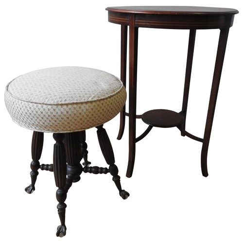 51 - A 19TH CENTURY MAHOGANY STOOL AND MAHOGANY LAMP TABLE, the table 50cm diameter, the table 40cm diame... 