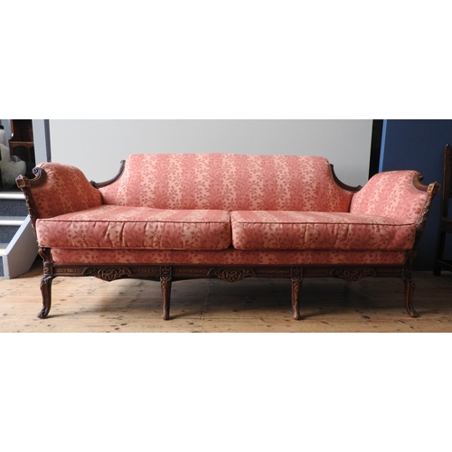 53 - A FRENCH LOUIS VX-STYLE SETTEE, covered in broad stripe foliate pattern damask material, on an ornat... 