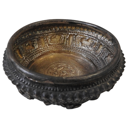 347 - A LAOS SILVER BOWL, early 20th century, ornate repousse decoration, 10 cm diameter