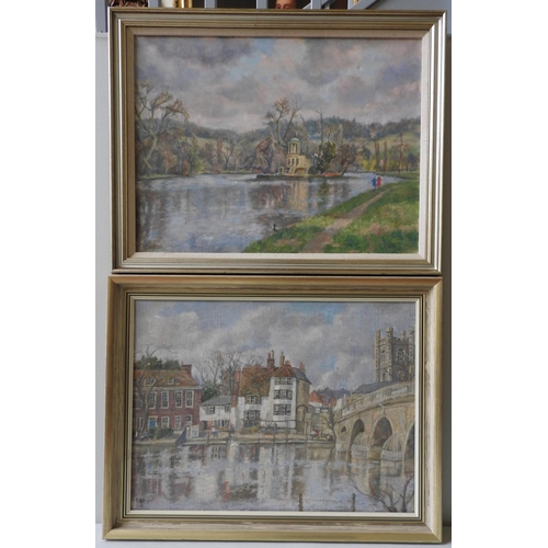 255 - C.H BAGNOLI (20TH CENTURY) TWO OIL PAINTINGS ON CANVAS, depicting lake side folly and Thames scene, ... 