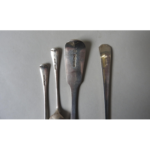 354 - A PAIR OF GEORGIAN SILVER SAUCE LADLES , circa 1827, along with four bright cut silver teaspoons and... 