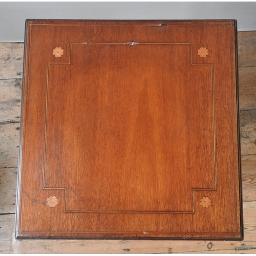 64 - A EDWARDIAN MAHOGANY INLAID LAMP TABLE, of square form, with carved frieze panels, supported on four... 