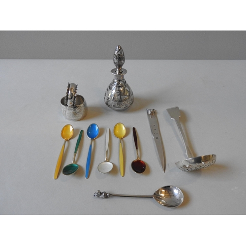 337 - A SILVER LETTER OPENER, SILVER SIFTING SPOON AND A SILVER OVERLAID SCENT BOTTLE, the letter opener d... 