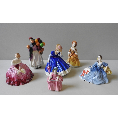 230 - A ROYAL DOULTON 'BIDDY PENNY FARTHING' FIGURINE AND FIVE OTHER ROYAL DOULTON FIGURINES.'Biddy Penny ... 