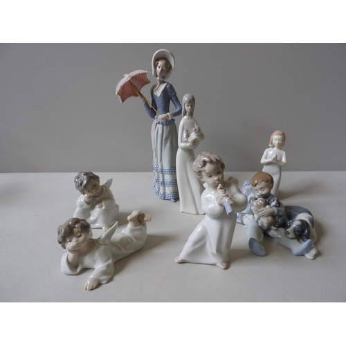 231 - A COLLECTION OF SEVEN LLADRO FIGURINES, a maiden, three children and three cherubs, the largest stan... 