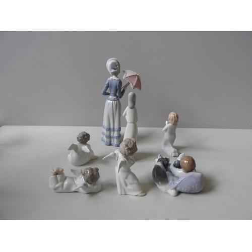 231 - A COLLECTION OF SEVEN LLADRO FIGURINES, a maiden, three children and three cherubs, the largest stan... 