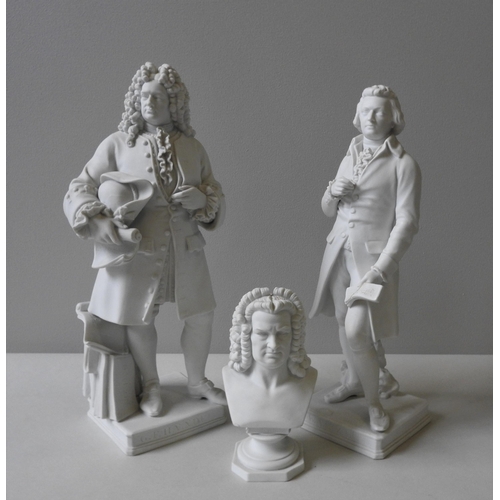 233 - TWO PARION WARE FIGURES OF MOZART AND HANDEL, AND A PARION WARE BUST OF BACH, the figures standing a... 