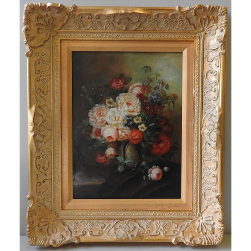 257 - A 20TH CENTURY FLORAL STILL LIFE OIL PAINTING ON PANEL, unsigned, 39.5 x 29 cm