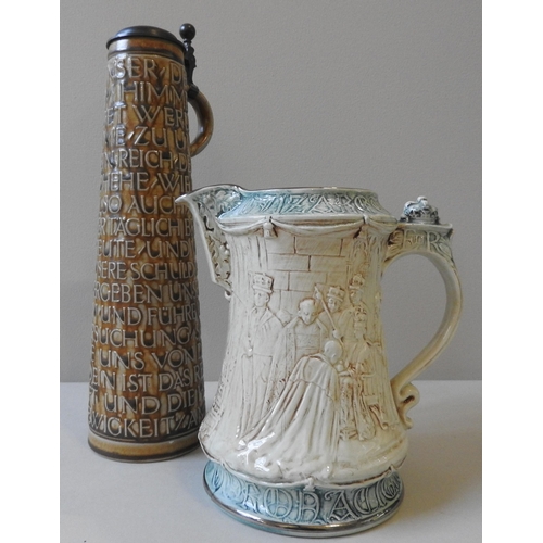 235 - A MERKELBACH 'LORD'S PRAYER' STEIN AND A BURLEIGH COMMEMORATIVE WATER JUG, depicting the coronation ... 