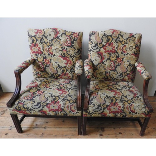 68 - A NEAR PAIR OF GEORGIAN 'GAINSBOROUGH' MAHOGANY ARMCHAIRS, tapestry back panel and seat panel, with ... 