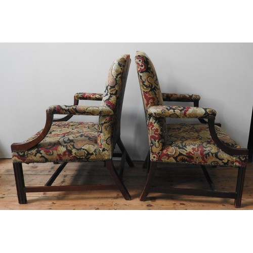 68 - A NEAR PAIR OF GEORGIAN 'GAINSBOROUGH' MAHOGANY ARMCHAIRS, tapestry back panel and seat panel, with ... 