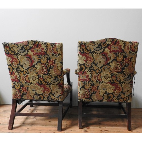 68 - A NEAR PAIR OF GEORGIAN 'GAINSBOROUGH' MAHOGANY ARMCHAIRS, tapestry back panel and seat panel, with ... 