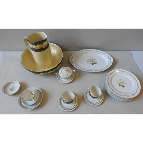 238 - A COLLECTION OF JAPANESE AICHA CHINA DINNER WARE, along with a Royal Doulton jug and basin