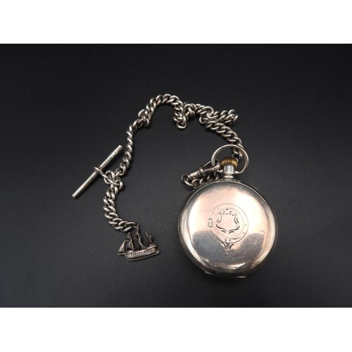 365 - A SILVER CASED POCKET WATCH AND WATCH CHAIN, stamped Birmingham 1915, with a tall ship fob, 4 cm dia... 