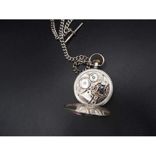 365 - A SILVER CASED POCKET WATCH AND WATCH CHAIN, stamped Birmingham 1915, with a tall ship fob, 4 cm dia... 