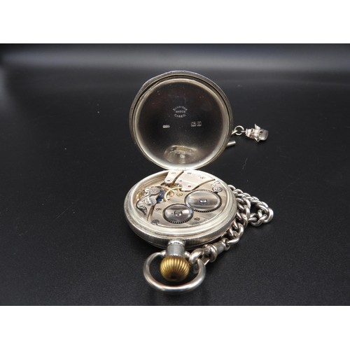 365 - A SILVER CASED POCKET WATCH AND WATCH CHAIN, stamped Birmingham 1915, with a tall ship fob, 4 cm dia... 