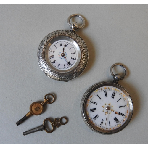 366 - TWO CONTINENTAL LADIES SILVER FOB WATCHES, both in ornate engine turned cases, stamped with marks on... 