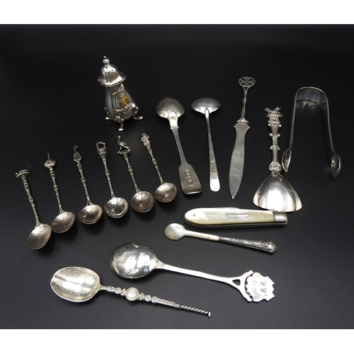 339 - A SILVER CRUET, SILVER POCKET KNIFE AND SILVER SUGAR TONGS, along with a silver letter opener and tw... 