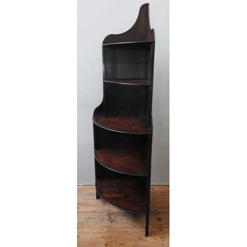 74 - A 19TH CENTURY MAHOGANY FIVE TIER CORNER SHELF, with graduated curved shelves, 169 x 64 cm