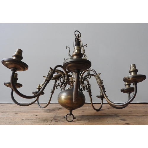 111 - A BRASS 19TH CENTURY CENTRAL LIGHT FITTING, of baluster form with eight scroll branches, decorated w... 