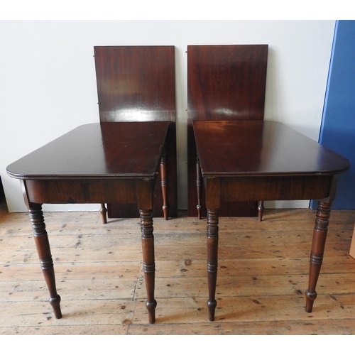 86 - A GEORGE III MAHOGANY DINING TABLE, consisting of two curved corner end sections raised on four turn... 