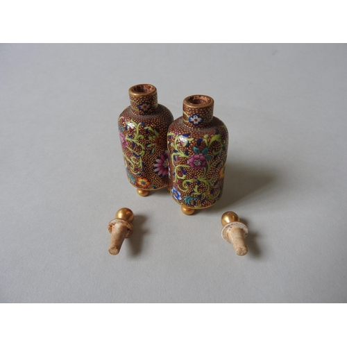 241 - A UNUSUAL CONTINENTAL 'SIDE BY SIDE' DOUBLE SCENT BOTTLE, overlaid with enamel, with vibrant floral ... 