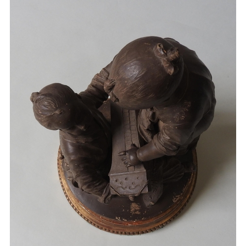 245 - A FRENCH 19TH CENTURY TERRACOTTA GROUP, depicting robed infants playing with Gu Zheng zither, on a c... 