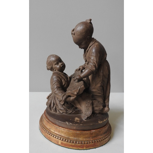 245 - A FRENCH 19TH CENTURY TERRACOTTA GROUP, depicting robed infants playing with Gu Zheng zither, on a c... 