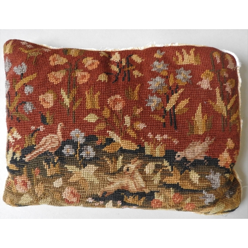 110 - A LATE 18TH / EARLY 19TH CENTURY TAPETRY PANEL CUSHION, depicting rabbit and birds within a floral c... 