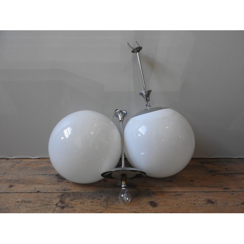 116 - A PAIR OF RETRO PENDANT LIGHT FITTINGS, chromed metal fixtures with large globular white glass shade... 