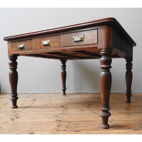 88 - A 19TH CENTURY MAHOGANY LIBRARY TABLE, with three short frieze drawers on four turned baluster legs,... 