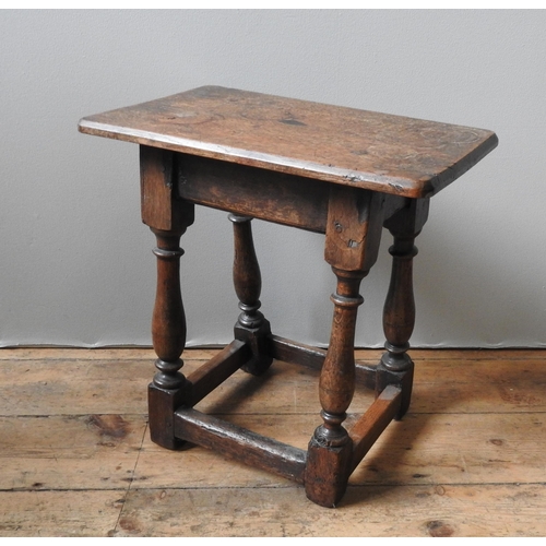 90 - AN 18TH CENTURY OAK JOINT STOOL BASE, with later top panel, 47 x 46 x 29 cm