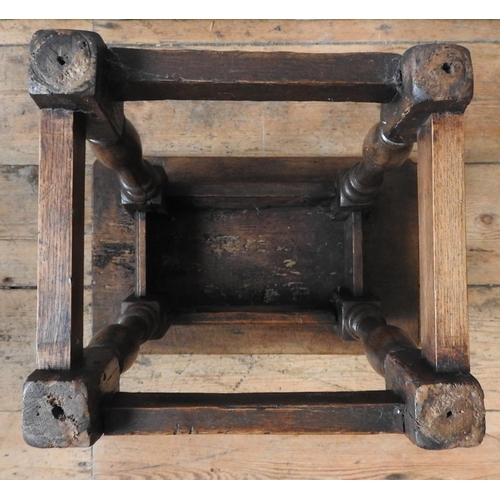 90 - AN 18TH CENTURY OAK JOINT STOOL BASE, with later top panel, 47 x 46 x 29 cm