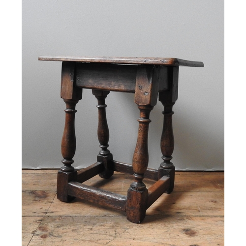 90 - AN 18TH CENTURY OAK JOINT STOOL BASE, with later top panel, 47 x 46 x 29 cm