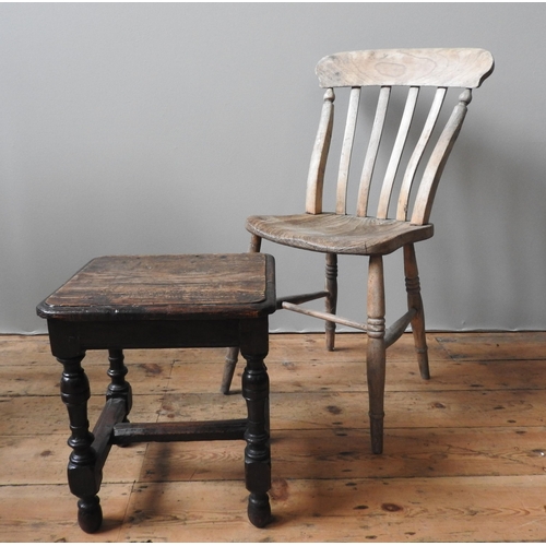 91 - A 19TH CENTURY SLAT BACK COUNTRY CHAIR AND OAK STOOL, the chair 86 x 46 x 48 cm