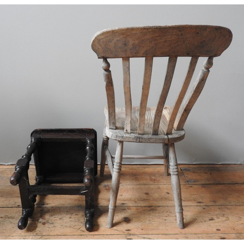 91 - A 19TH CENTURY SLAT BACK COUNTRY CHAIR AND OAK STOOL, the chair 86 x 46 x 48 cm