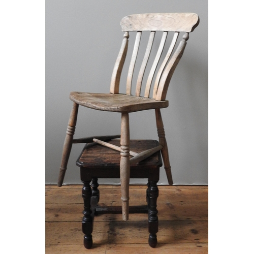 91 - A 19TH CENTURY SLAT BACK COUNTRY CHAIR AND OAK STOOL, the chair 86 x 46 x 48 cm