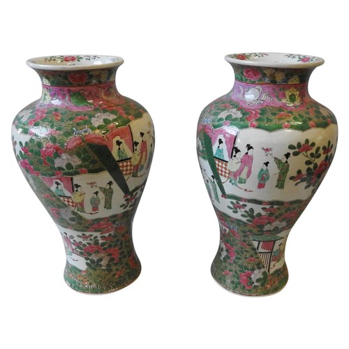 236 - A PAIR OF CHINESE FAMILLE ROSE PORCELAIN VASES, the panels decorated with female figures with furthe... 