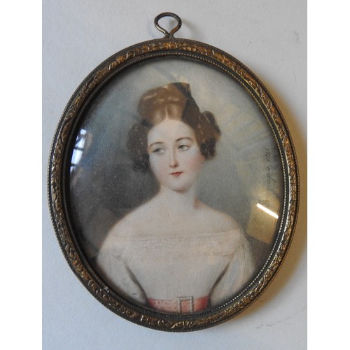 269 - A mid 18th century oval miniature portrait water colour of regency lady, circa 1841, inscribed on ri... 