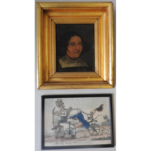 389 - A 19TH CENTURY PORTRAIT OIL PAINTING ON CANVAS, and a humorous early 19th century illustration, the ... 