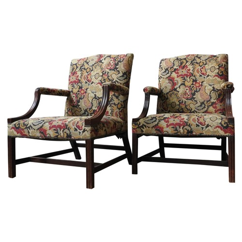 68 - A NEAR PAIR OF GEORGIAN 'GAINSBOROUGH' MAHOGANY ARMCHAIRS, tapestry back panel and seat panel, with ... 