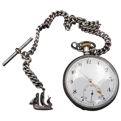 365 - A SILVER CASED POCKET WATCH AND WATCH CHAIN, stamped Birmingham 1915, with a tall ship fob, 4 cm dia... 