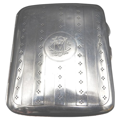 349 - A SILVER CIGARETTE CASE, Birmingham, circa 1924, monogrammed cartouche and a chased broad stripe des... 