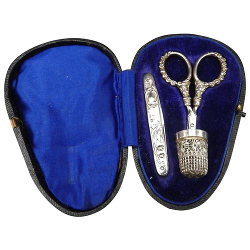 352 - A SILVER THREE PIECE NECESSAIRE, Birmingham 1898, comprising of folding knife, thimble and scissors,... 