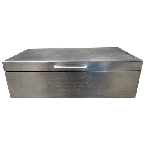 340 - A SILVER ENCASED WOODEN CIGARETTE BOX, Birmingham 1955, with an engine turned lid and presentation i... 