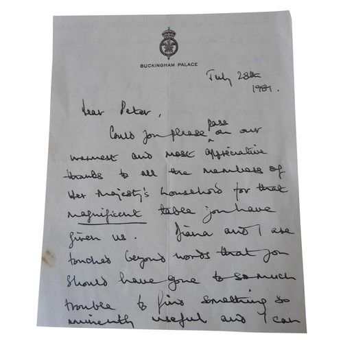 302 - A HANDWRITTEN SIGNED LETTER FROM PRINCE CHARLES, to the Royal Household, regarding a piece of furnit... 