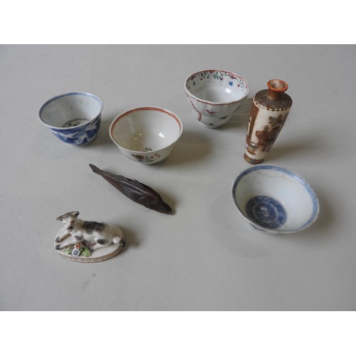 397 - THREE CHINESE WINE CUPS, A MINIATURE SATSUMA VASE AND A BRONZE FIGURE OF STURGEON, along with miniat... 