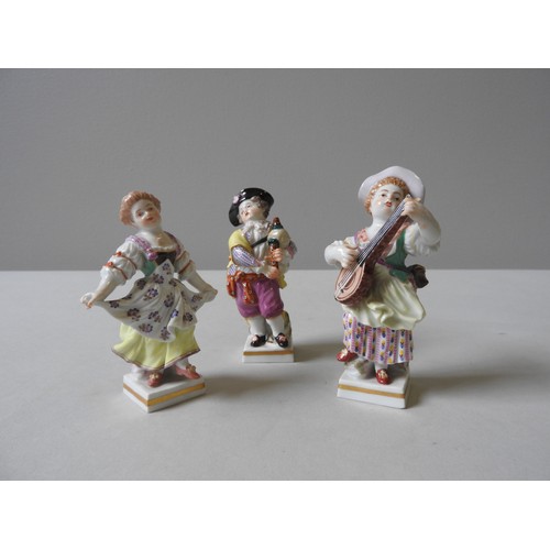 400 - THREE 19TH CENTURY MEISSEN FIGURES, depicting piper, dancing girl and musician, each on a gilded squ... 