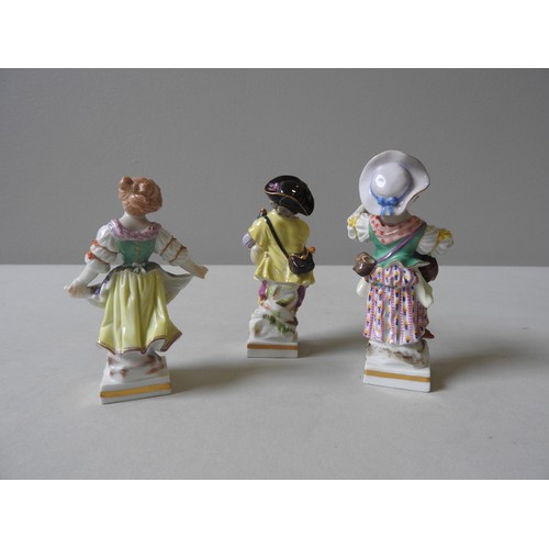 400 - THREE 19TH CENTURY MEISSEN FIGURES, depicting piper, dancing girl and musician, each on a gilded squ... 