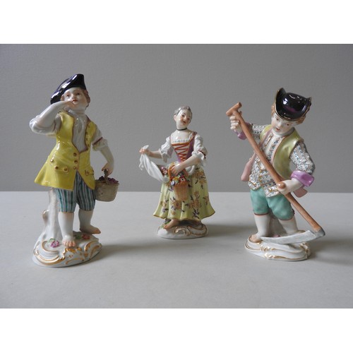 401 - FOUR 19TH CENTURY MEISSEN FIGURINES, a maiden picking flowers, a vine harvest figure and figure with... 